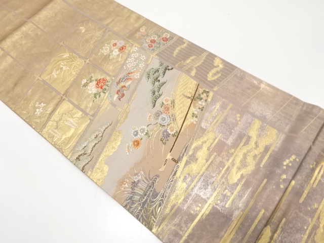 JAPANESE KIMONO / ANTIQUE FUKURO OBI / SILK / WOVEN BRIDGES & PHOENIX & FLORAL PLANTS